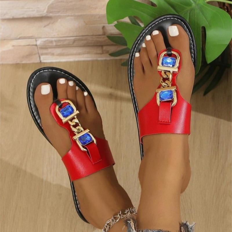 Fashion Women's Fashion Flat Slippers Summer New Round Head Clip Toe Square Drill Metal Chain Soft Sole Non-slip Sandals