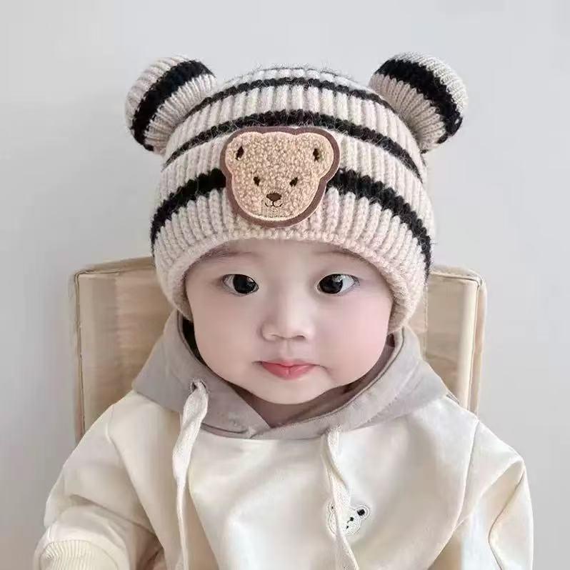 Trendige Koreanische Wollmütze mit Bommel für Babys & Kleinkinder - Herbst & Winter Bärenohren-Schutz-Design
