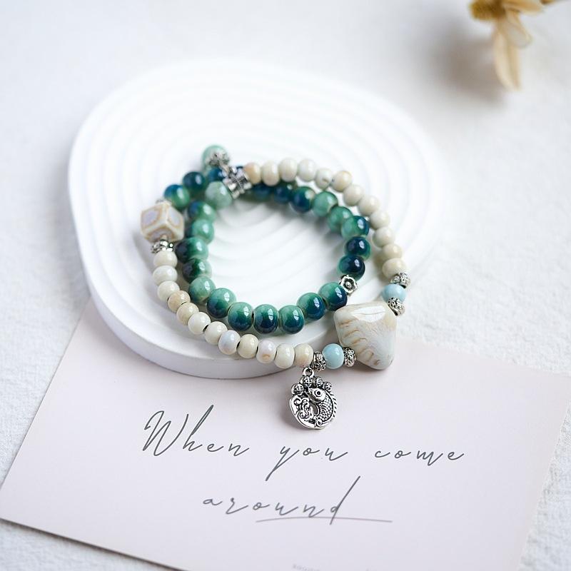 Jingdezhen Ceramic Bracelet New Chinese Style Student Antique Double Circle Beaded Bracelet Jewelry Hand-woven