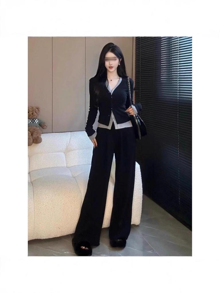 Women's Casual Fashion Set: Two-Piece Faux Layer Top and Wide-Leg Pants for Spring & Autumn