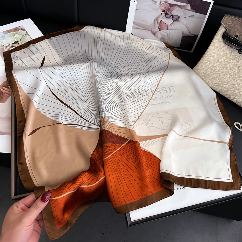 Elegant Ginkgo Leaf Print Silk Square Scarf – Versatile Headscarf for Spring and Summer
