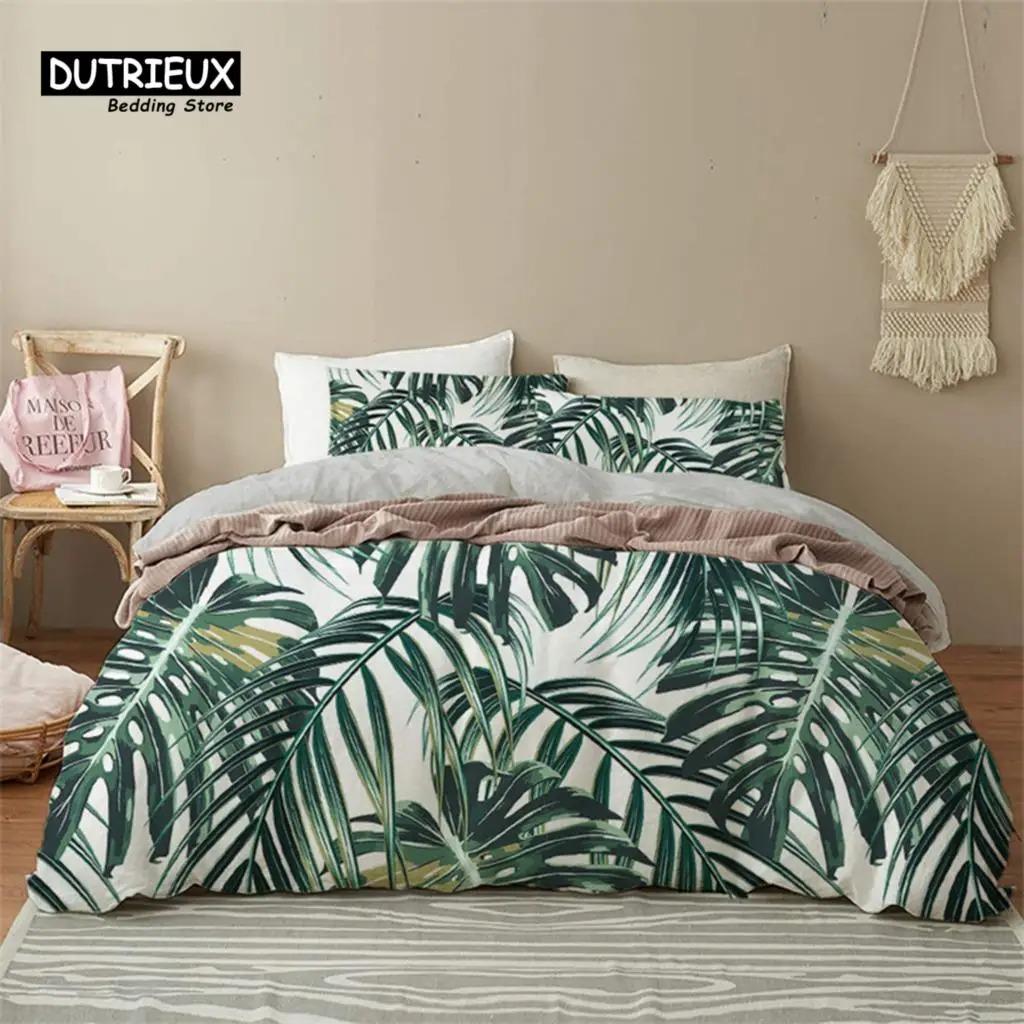 Green Palm Leaf Floral Bedding Set Tropical Leaves Flowers Animals Duvet Cover Microfiber Comforter Cover For Adults Kids Decor