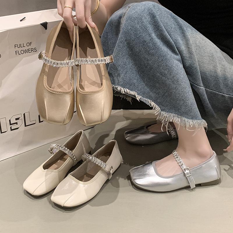 French Ballet Style Flat-soled Single Shoes Women's 2025 Summer and Autumn New Models with Skirts, Evening Shoes, Rhinestone Mary Jane Small Leat