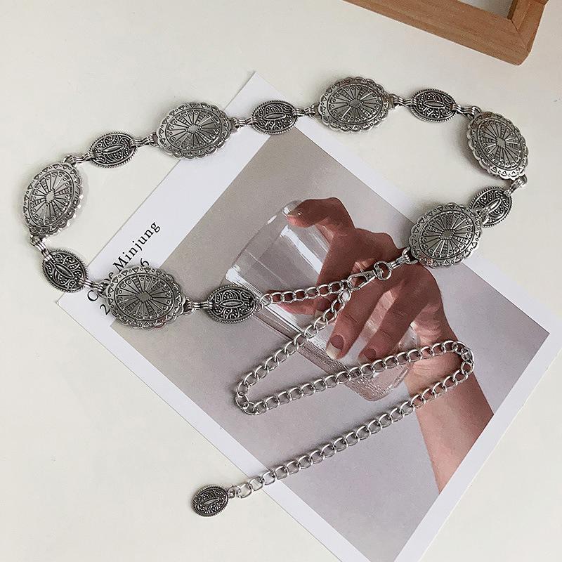 Damen Metall Hüftkette im Vintage-Stil Damen Geschnitzt Dekorative silberfarbene Metallkette Gürtel mit Rockgürtel für Damen AB001