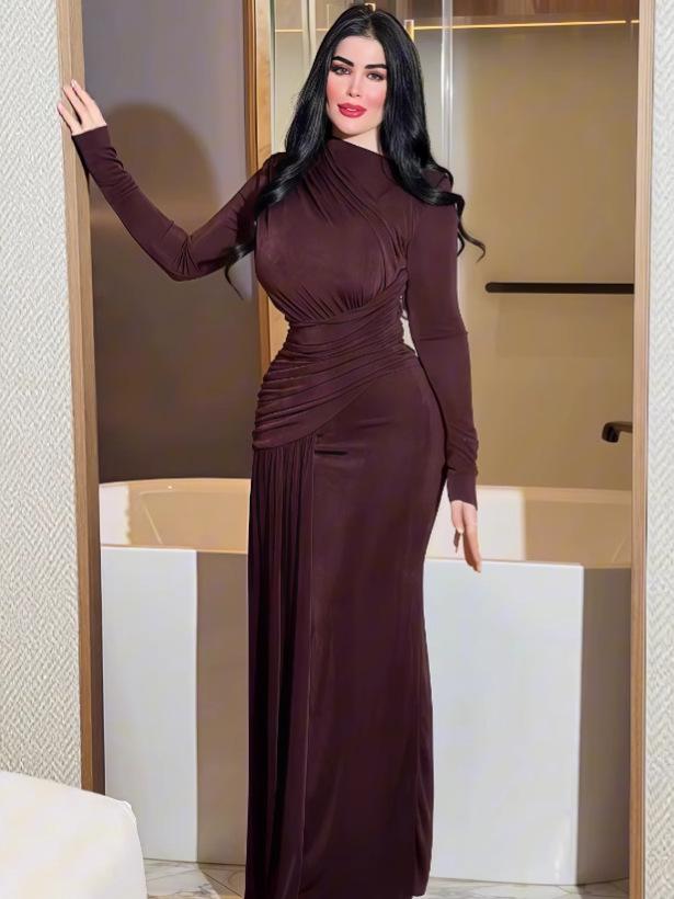 2025 Autumn European & American Women's Waist-Cinching Solid Color Long Dress