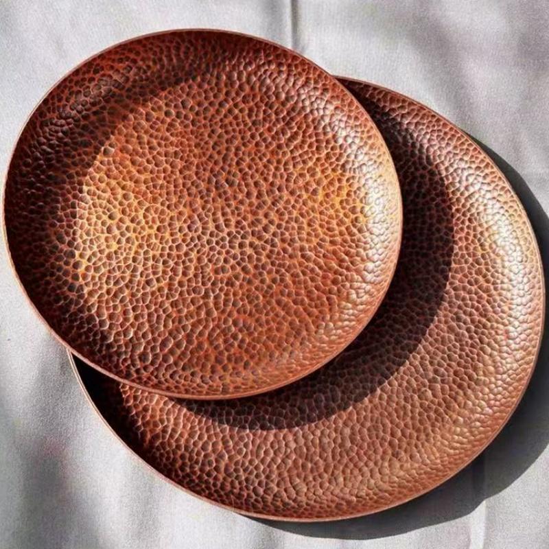 Round Shape Red Copper Cheese Tray,Retro Engraving Hammer Texture Home Portable Food Plate,Snack Fruit Disc Table Decorationk