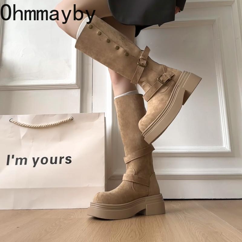 Winter Fashion Belt Buckle Knee High Boots Women Platform Heels Shoes Design Elegant Knight Long Boot