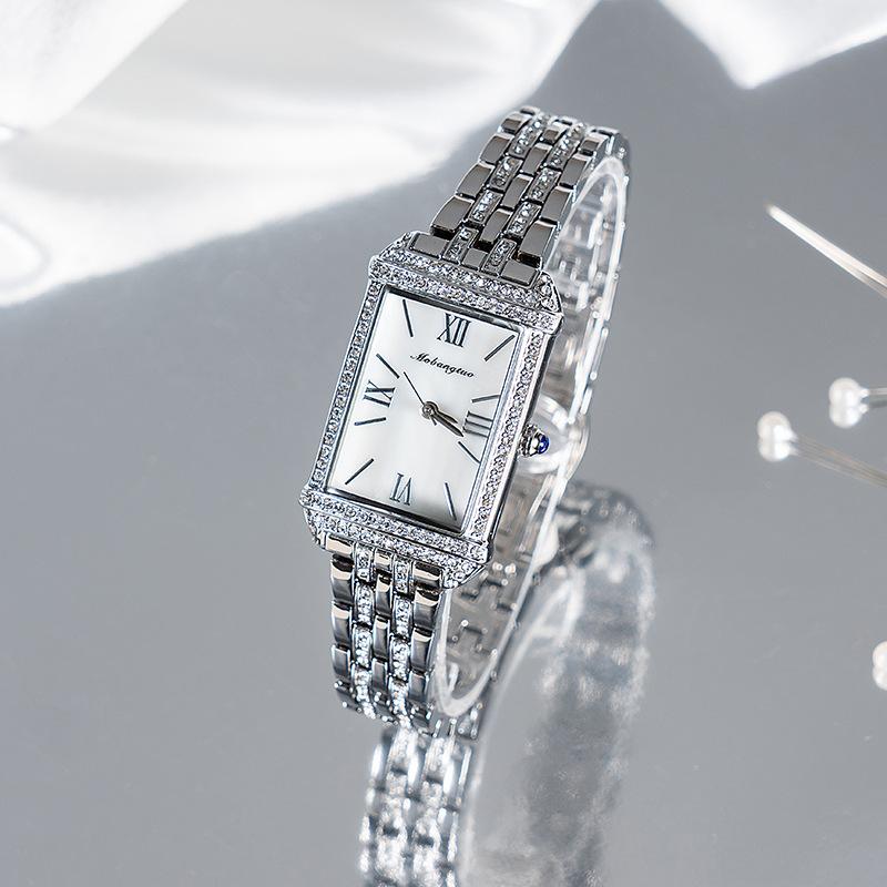 Lily There B Women's White/Pink/Blue Diamond-Encrusted Square Quartz Watch Fashion Steel Belt Fritillary Watch Export