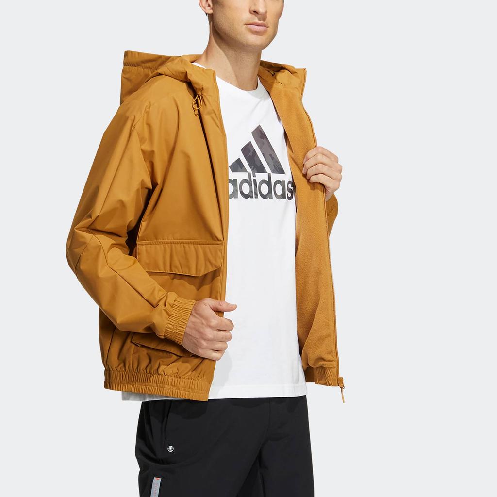 Adidas Essential Utility Windbreaker Jacket with Print Logo and Zip Hood Men Outerwear Brown HN9034