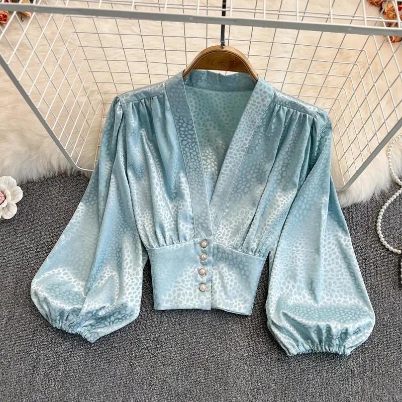 WTEMPO Long Sleeve Stain Blouses Women Korean Leopard Print Long Lantern Sleeve V-neck Shirts New Casual Cropped Tops