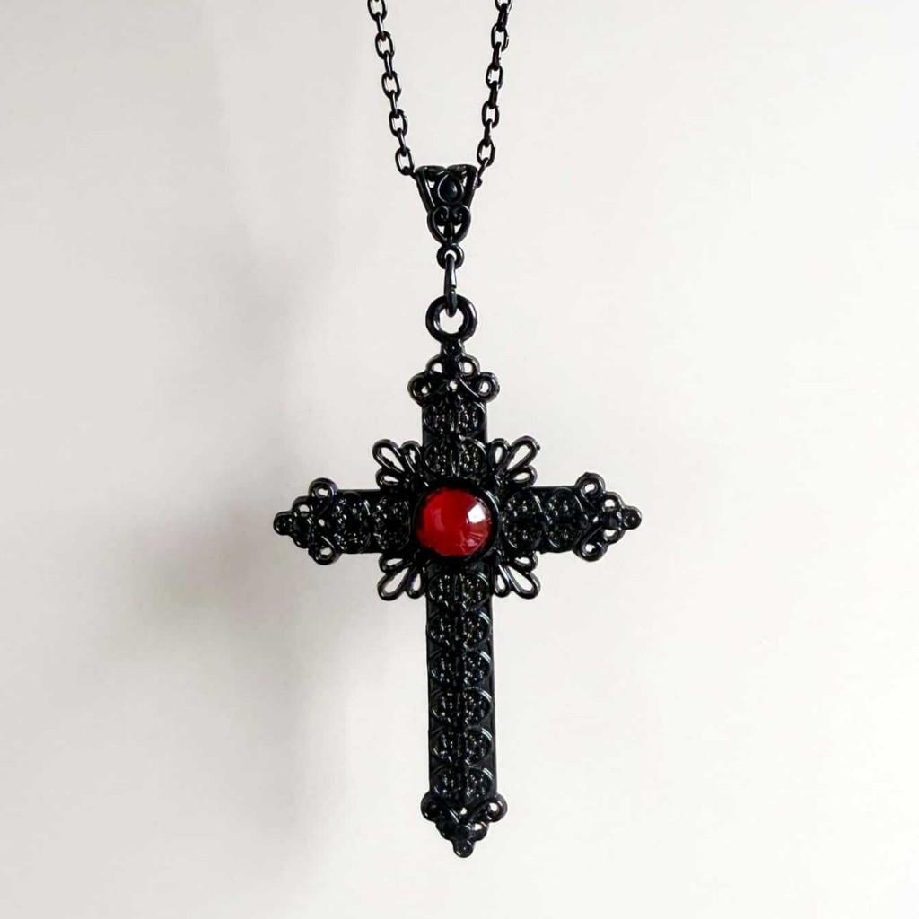 Gothic Cross Necklace With Red Crystal Pendant For Women And Men