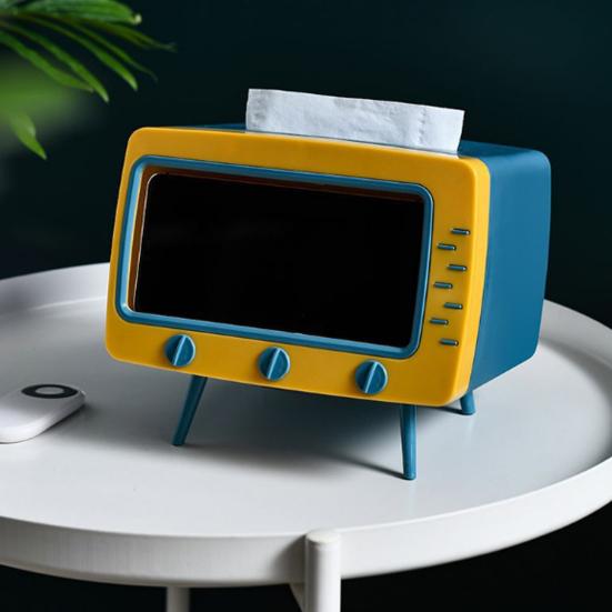 Tissue Box Holder Retro TV Shaped Tissue Case with Cell Phone Holder Multi-Functional Toilet Paper Napkin Dispenser for Room Bedroom Bathroom Dining