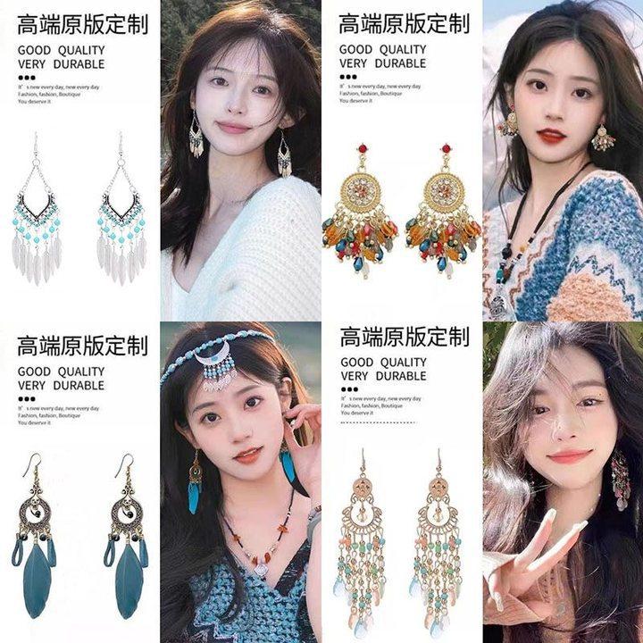 Bohemian water droplets crystal rice beads fringed ear hooks retro ethnic style earrings fashion vacation style earrings