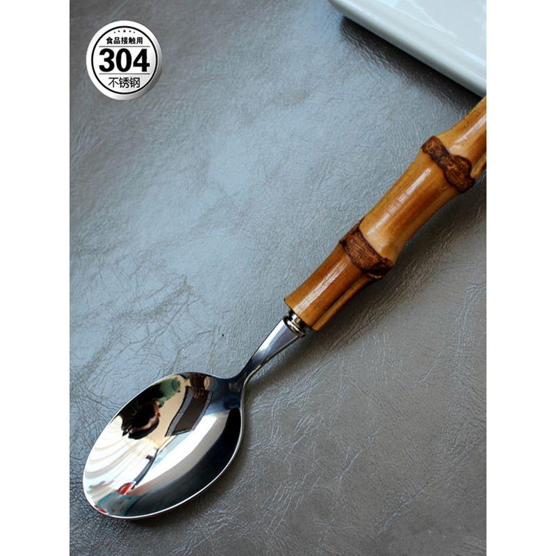 304 Stainless Steel Spoon Japanese Pastoral Style Bamboo Oven Mitts Long Handle Soup Spoon For Home Meal Spoon Rice Spoon Spoon Default