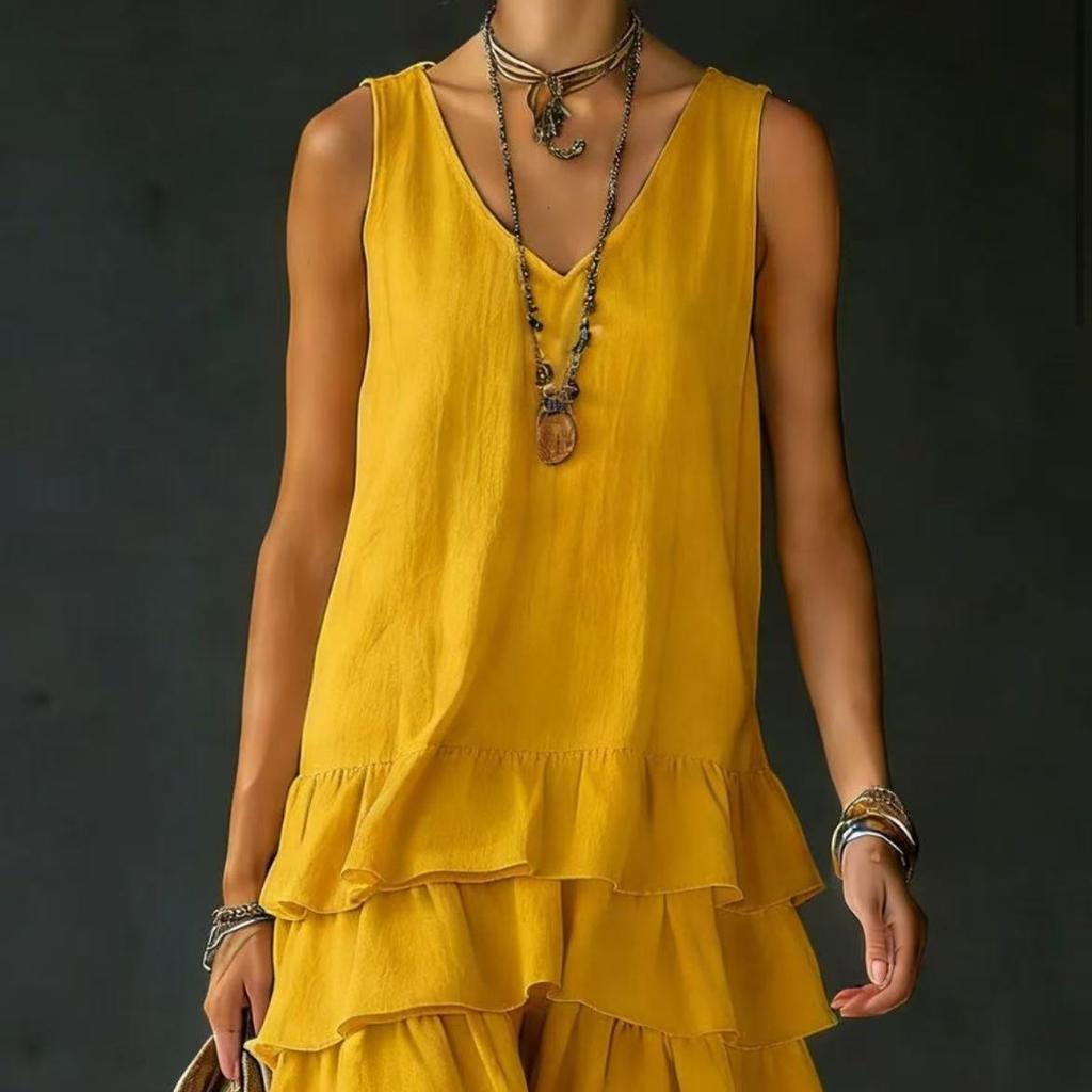 Frühlings- und Sommer-Mode Lässiges lockeres einfarbiges V-Ausschnitt-Kleid für Damen