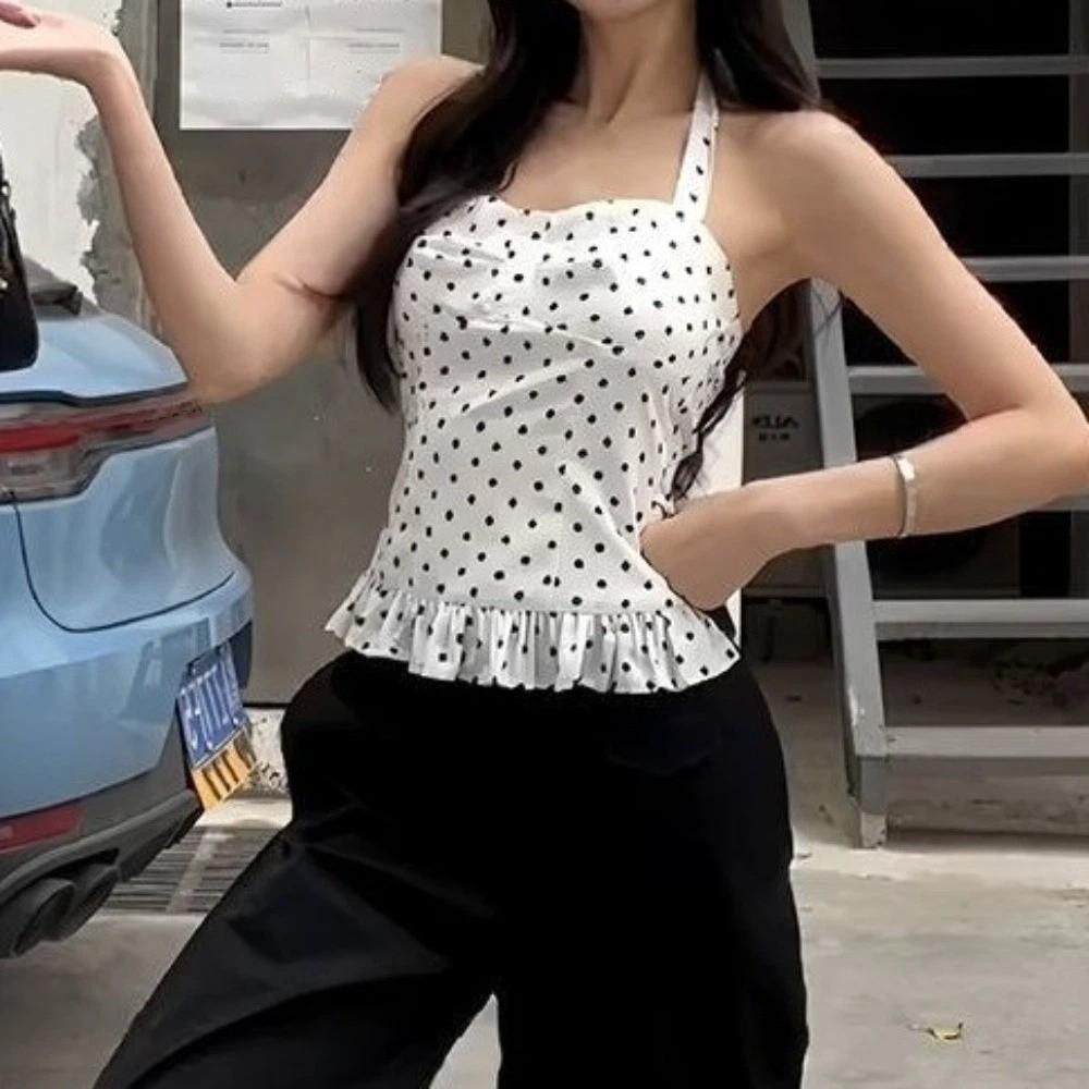 Sleeveless Y2k Dot Crop Top Slim Fit Women Camisole Sweet Halter Ruffle Vest Top Summer