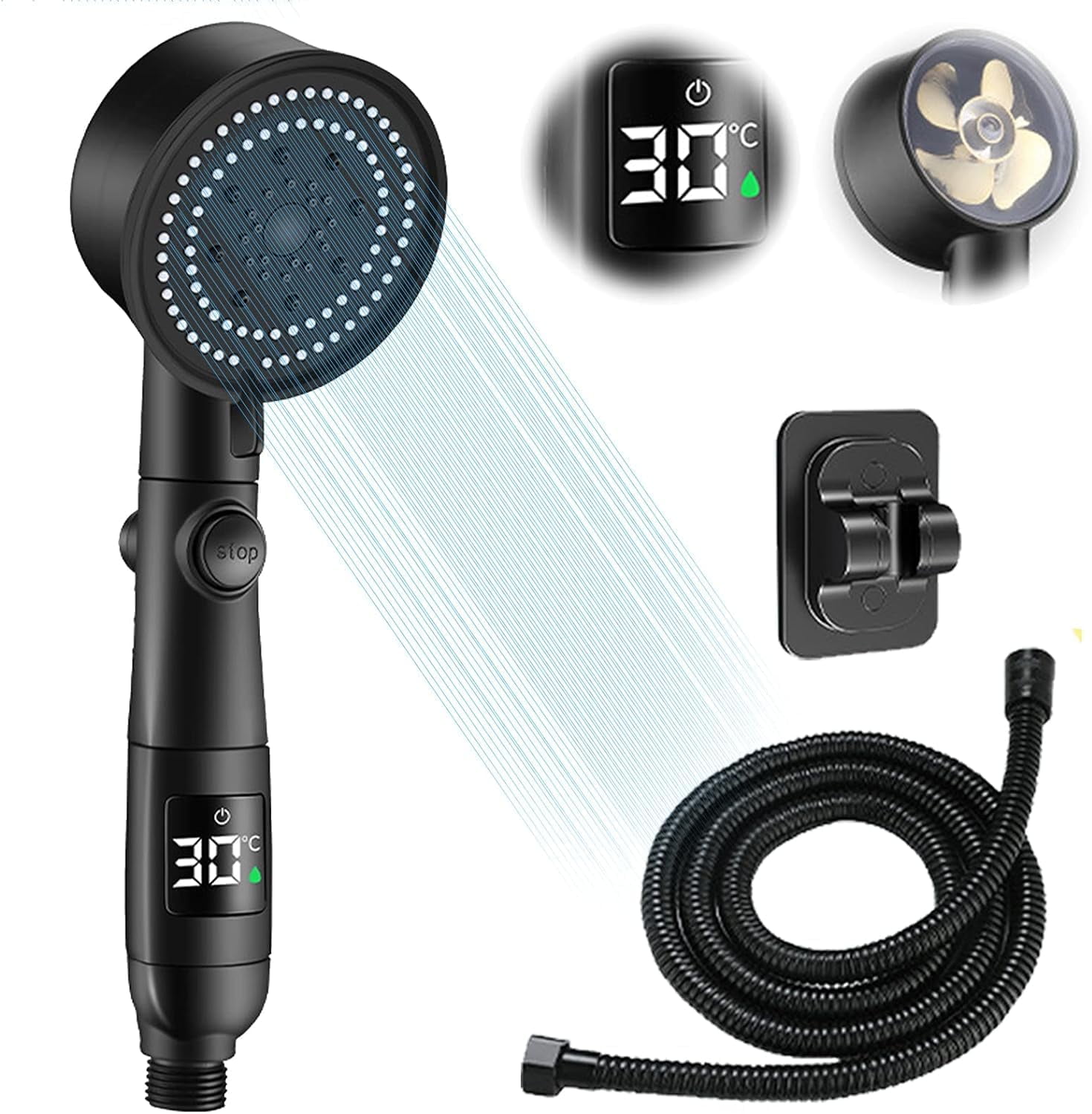 High Pressure Shower Head, Handheld Shower 5 Modes Power Shower Head,Shower Head and Hose 2m with Temperature Indicator, Water Saving Shower Head чёрный