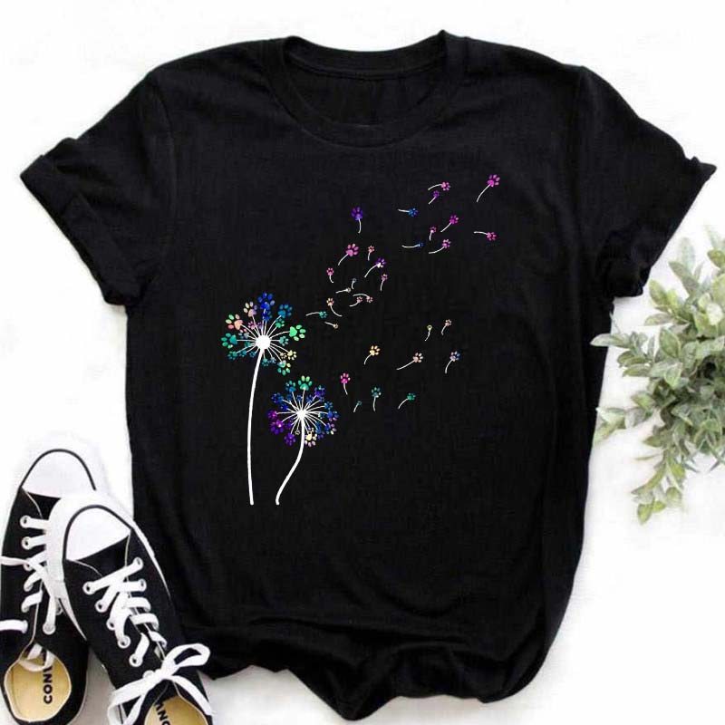 Tricou cu imprimeu păpădie pentru femei de vară Cămăși pentru femei de mărime mare ocazional Tricou cu mânecă scurtă Top negru Tricou cu gât în ​​formă de O