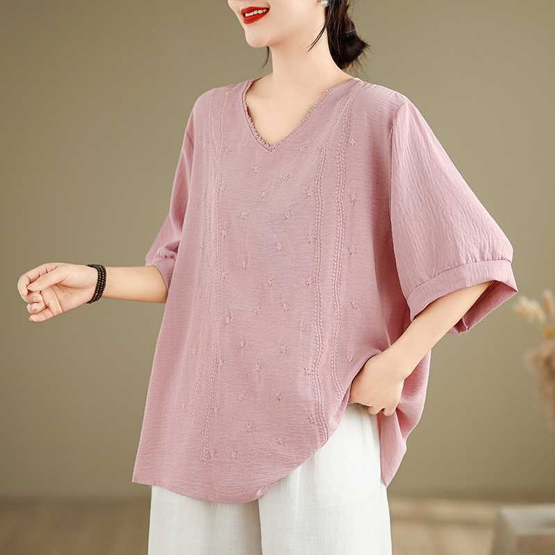 

Летняя вышитая футболка из рами, свободная футболка с короткими рукавами из льна и хлопка с конопли, женская универсальная футболка 2XL