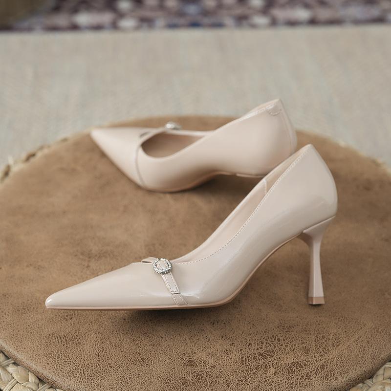 361-8 Patent Leather One-word Buckle Temperament High Heels Pointed Stiletto Wedding Shoes Bridesmaid Shoes Banquet Single Shoes Spring