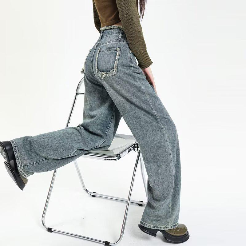 

Американский прилив Уличный стиль Молния на щиколотке Свободный крой Выбеленные джинсы - Универсальные повседневные брюки широкого кроя XL