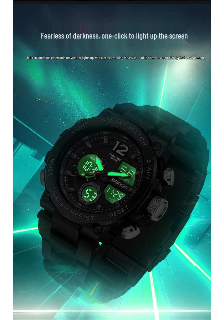 Sanda Luminous Men's Multifunctional Dual Display Steel Band Electronic Watch