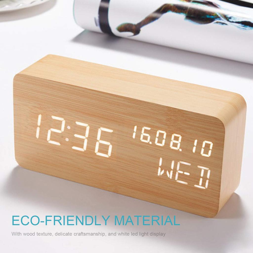 Alarm Clock, Digital Alarm Clock for Bedroom, Wooden Desk Alarm Clock, with Voice Control, Date and Temperature Adjustable, 3 Brightness Display LED