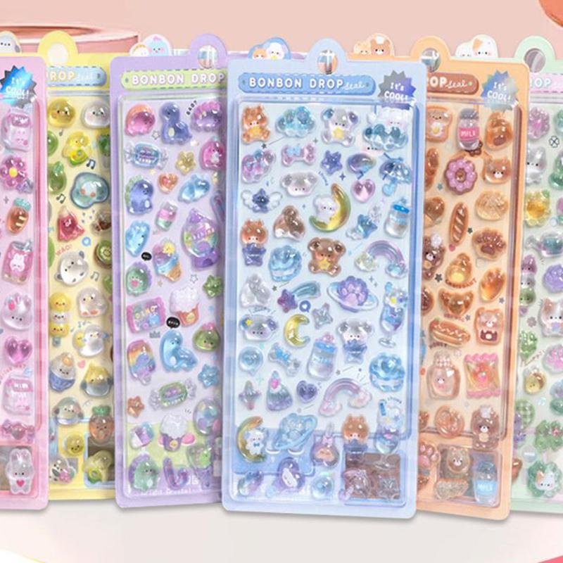 6 Sheets Funny Bear Dinosaur Rabbit 3D Relief Stickers Scrapbooking Diy Diary Decor Journaling Stationery Kawaii Donut Decals