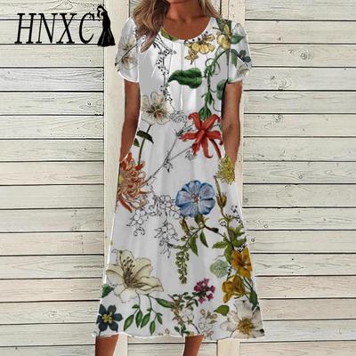 Women's Fashion Summer Spring Floral Print Short Sleeve O-Neck  Casual Dresses