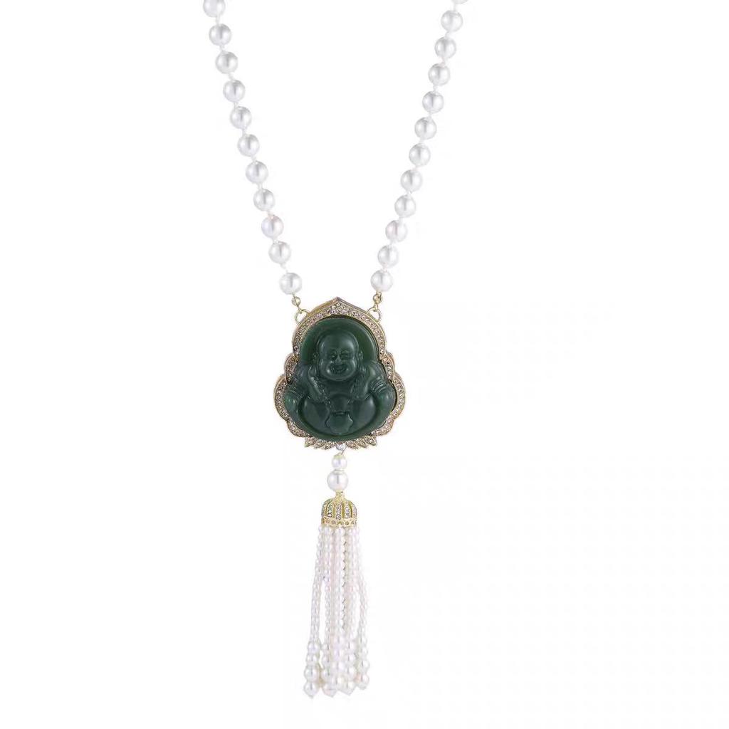 Luxury Imitation Chalcedony Buddha Sweater Chain Necklace - Autumn/Winter Fashionable Versatile Accessory for Women