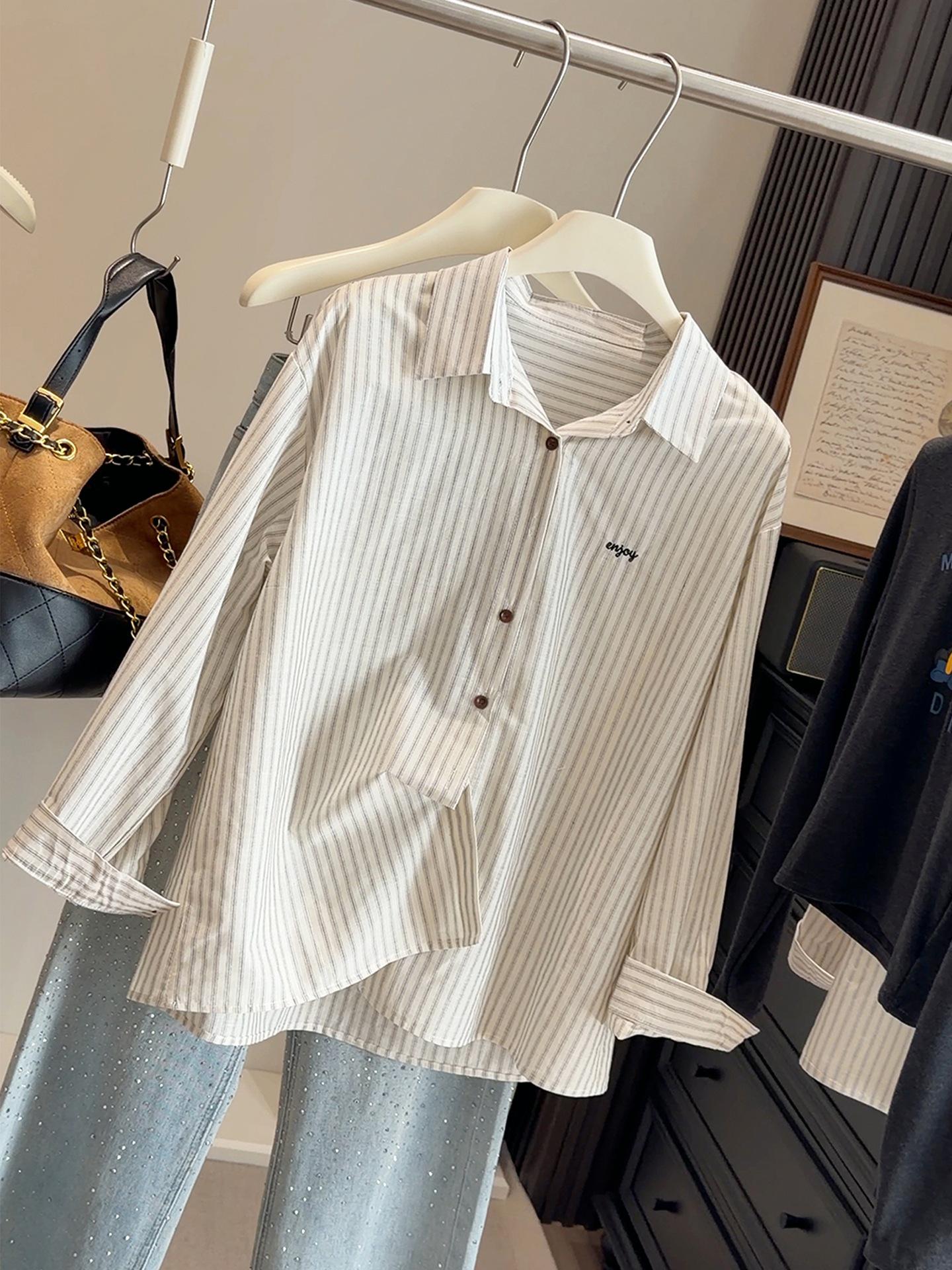Women s Vertical Stripe Embroidered Long Sleeve Shirt - 2026 Spring Casual Loose Fit One Size
