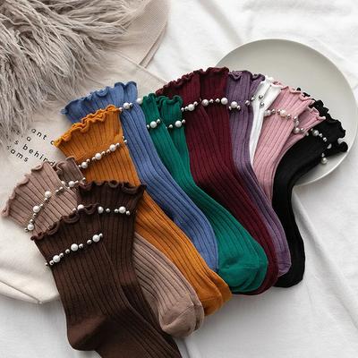 Japanse Kawaii Effen Kleur Sokken voor Dames Zoete Meisjes Leuke Parel Sokken Dames Koreaanse Mode Harajuku Vintage Ruches Volants Sokken