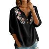 Damen Florale Stickerei Henley Knopfleiste Dreiviertelärmel Leinen Baumwolle Bluse Lässig Lockerer Schnitt Hemd