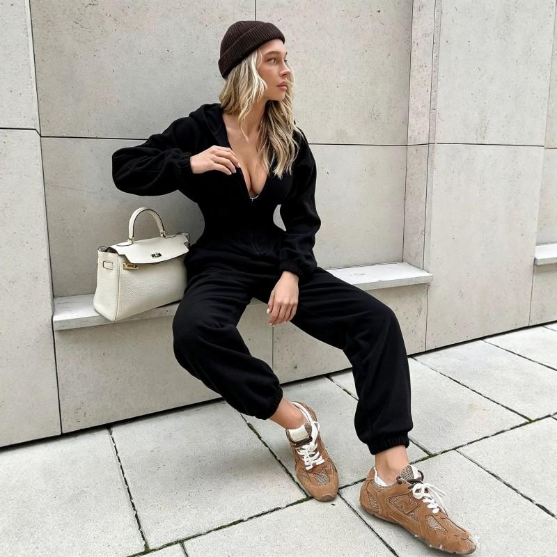 Womens 2026 Fall Winter Hooded Jumpsuit Long Sleeve Relaxed Fit Fleece Romper With Cinched Waist Cuffed Ankles
