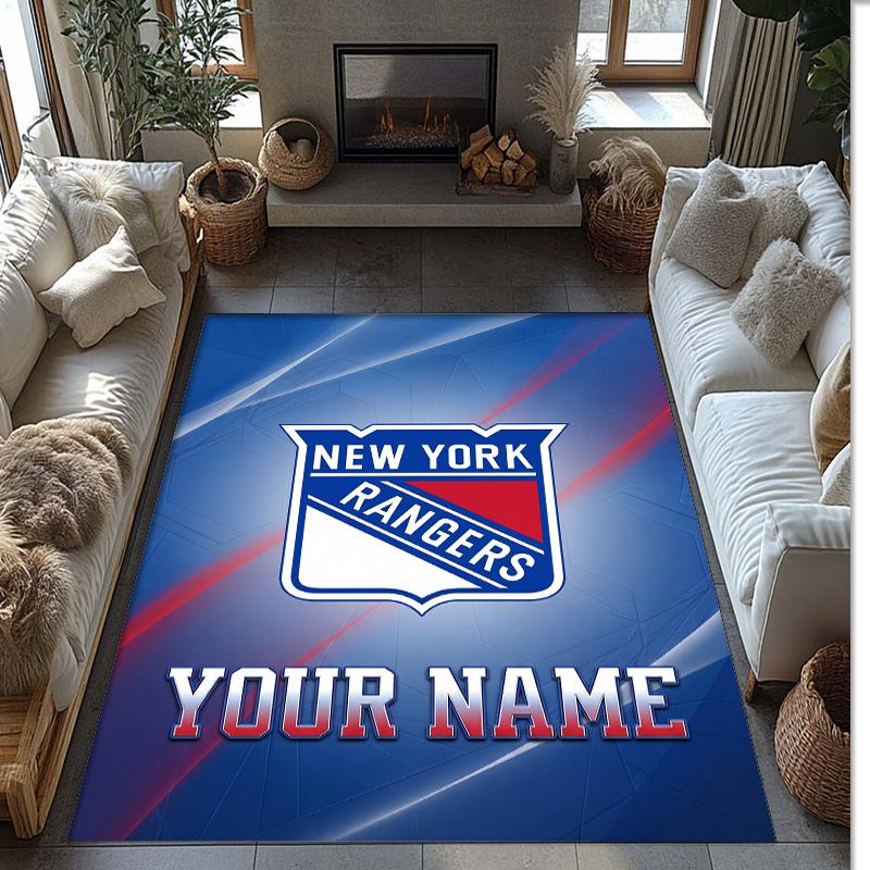 New York Rangers Crystal Velvet Rug, Custom Name Text Personalized Non‑Slip Floor Mat for Home Decor Gift