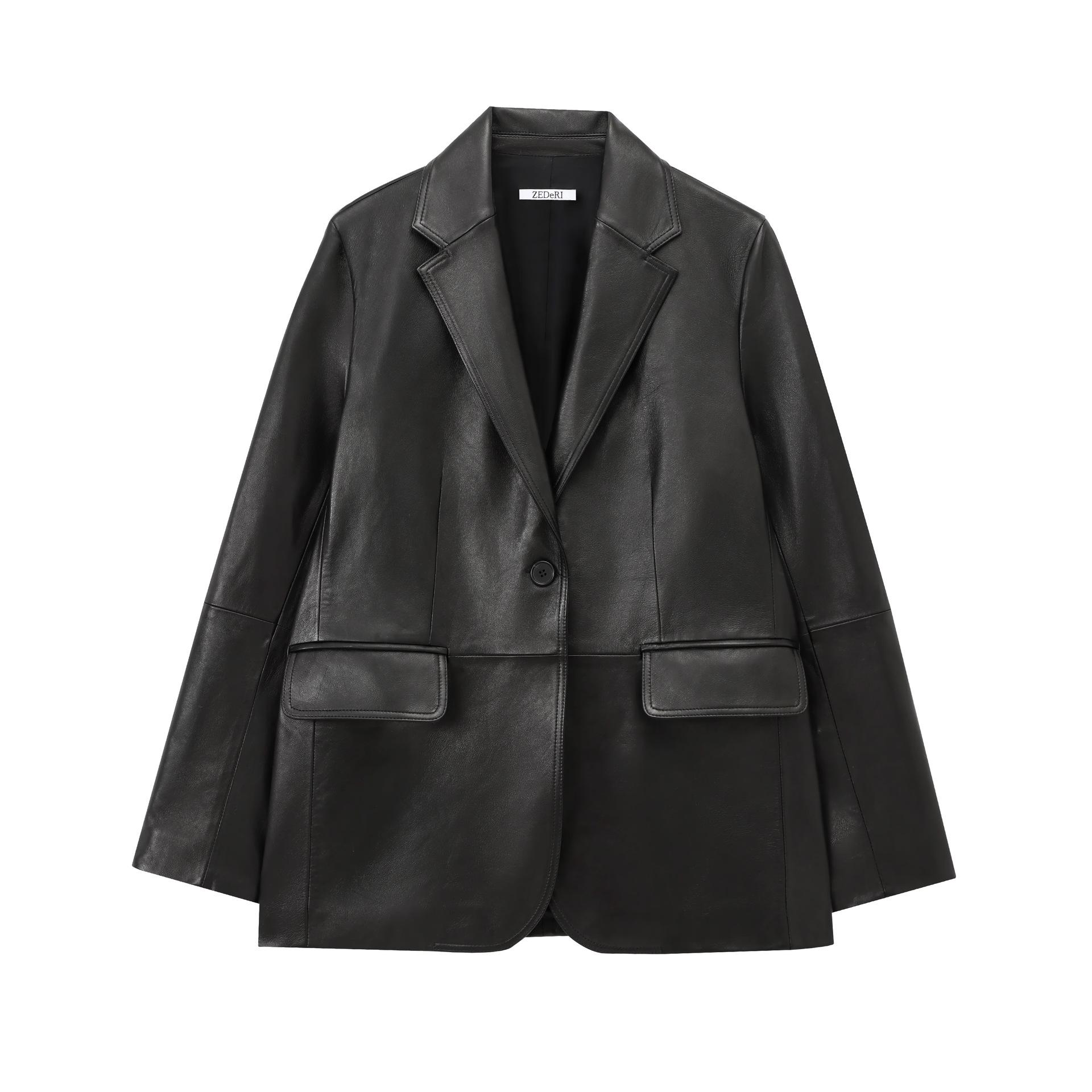 

Women s 2024 Retro Single-Button PU Leather Long-Sleeve Suit Jacket Extra Small