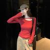 Korean red careful machine hollow front shoulder long-sleeved t-shirt women's autumn and winter design short bottoming shirt with top