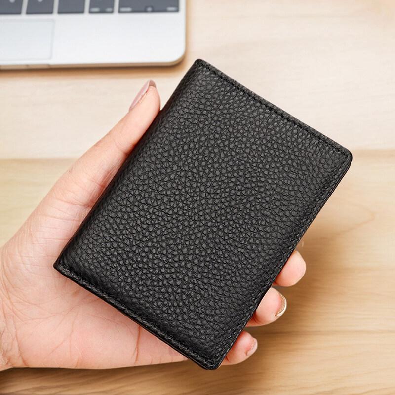 Transparent ID Window Credit Card Holder Durable Soft Multi Card Slots Top-grain Leather Bifold Thin Small Wallet Black Coffee
