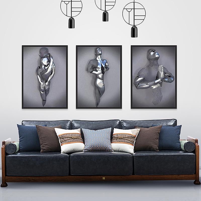 3D Abstract Metal Man Decorative Painting Poster Nordic Prints Canvas Painting Wall Art Picture for Living Room Home