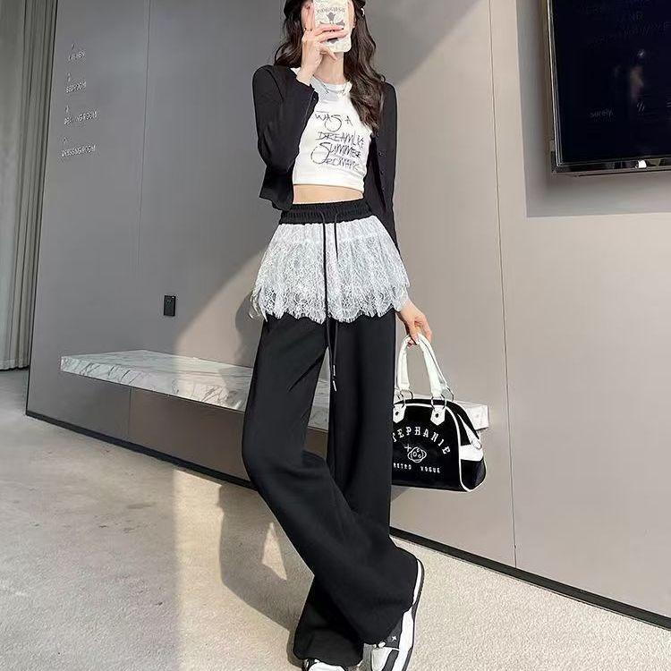 

Женские широкие брюки в стиле балета с кружевом и заплатками, весна/лето, высокая талия, прямые, повседневные, спортивные, длинные брюки XXL чёрный
