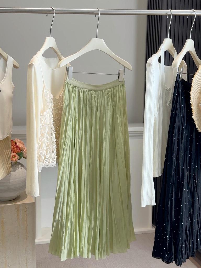 Ethereal Hot-Fix Pleated Chiffon A-Line Skirt for Women, Spring 2026 - Slimming with Large Hem Design