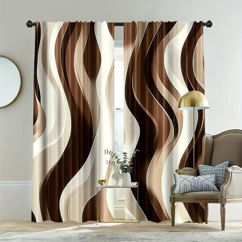2PC Brown Cream Wave Pattern Sheer Curtains - Modern Minimalist Abstract Print Window Drapes for Living Room Bedroom Decor