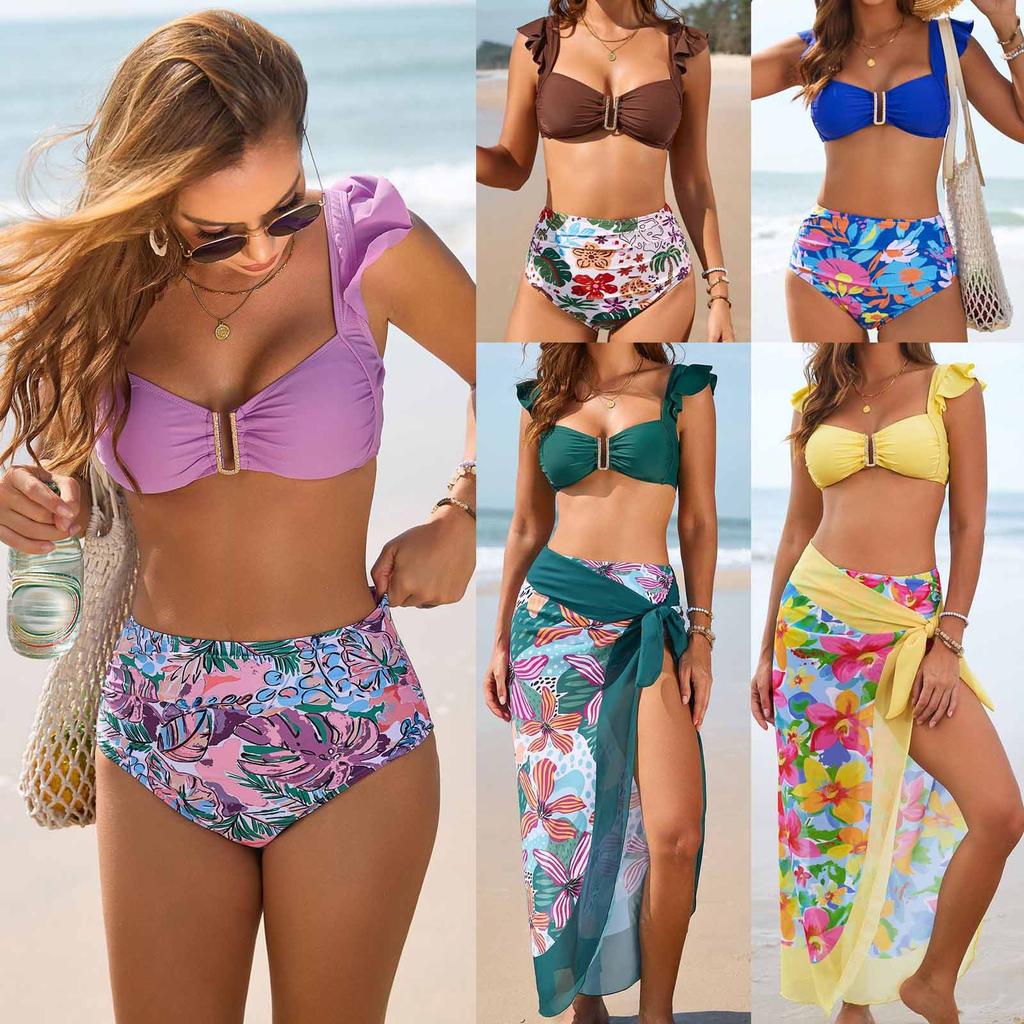 Women Two Piece Bikini Set with Ruched Top and High Waist Bottom with Sheer Floral Sarong Wrap Cover Up