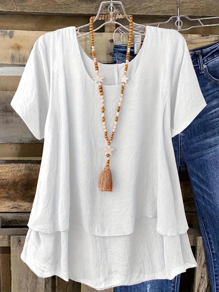 Nuova Blusa Larga da Donna Taglie Forti in Cotone e Lino con Scollo Rotondo - Colore Unito
