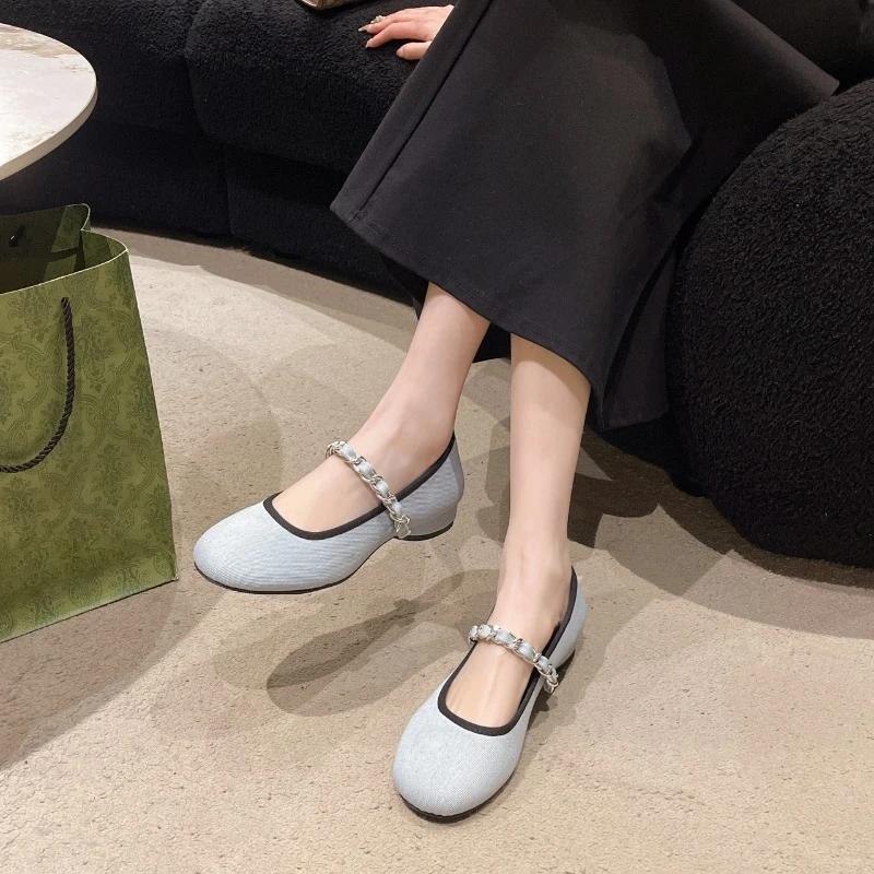 Fashion Block Heel Single Shoes Autumn New Color Block Round Toe Light Mouth Slip Strap Soft Sole Non-slip Low Heel Shoes