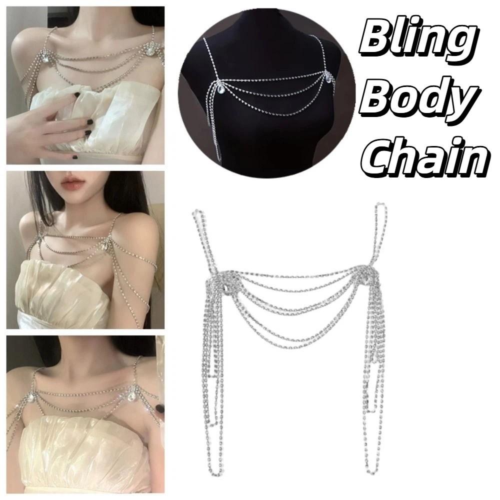 Retro Tassel Bling Body Chain Water Drop Rhinestone Collarbone Chain Women's Shoulder Chain  Bridal