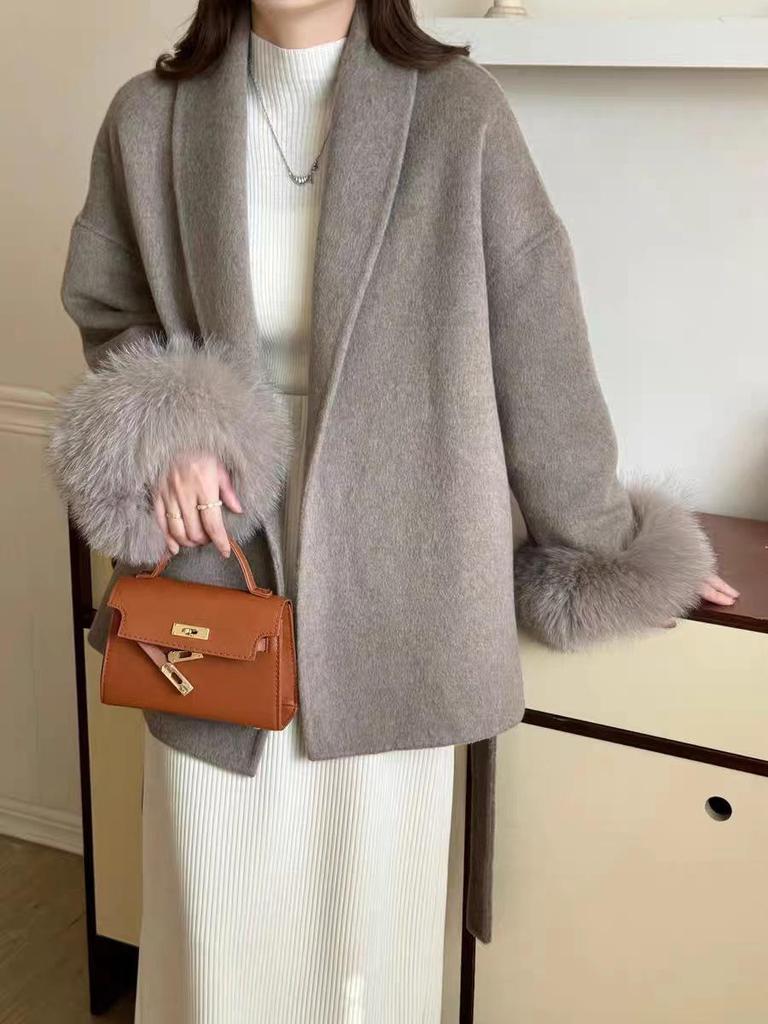 Fox Fur Cuff Woolen Coat - Women's Winter Slimming Style