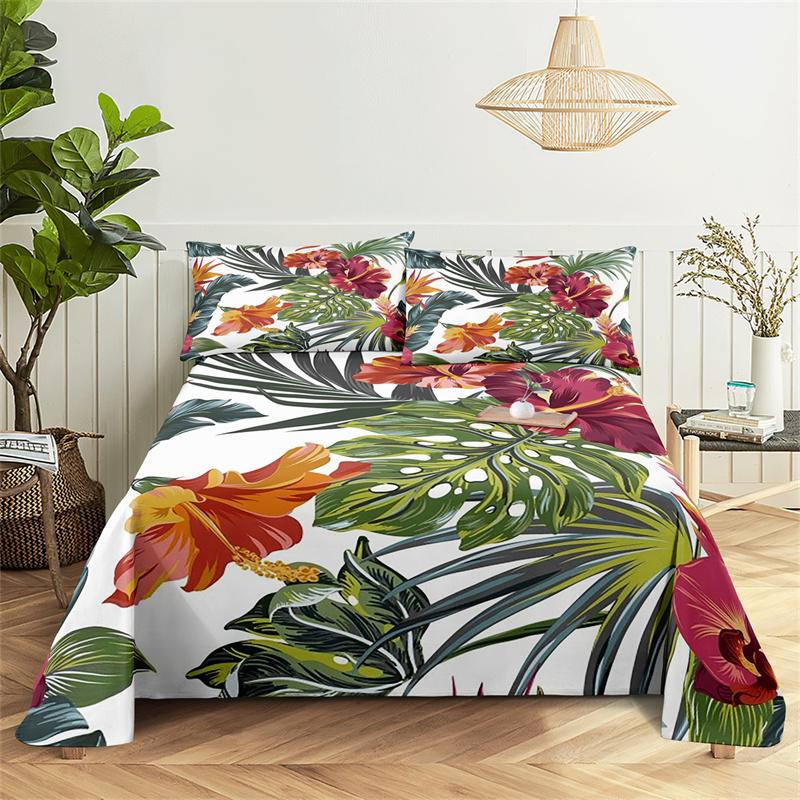 Green Plants Queen Sheet Set Girl, Lady's Room Leaf Bedding Set Bed Sheets and Pillowcases Bedding Flat Sheet Bed Sheet Set