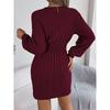 Women's Cable Knit Sweater Dress with Lace Detail & Puff Sleeves Fitted Bodycon Solid Color
