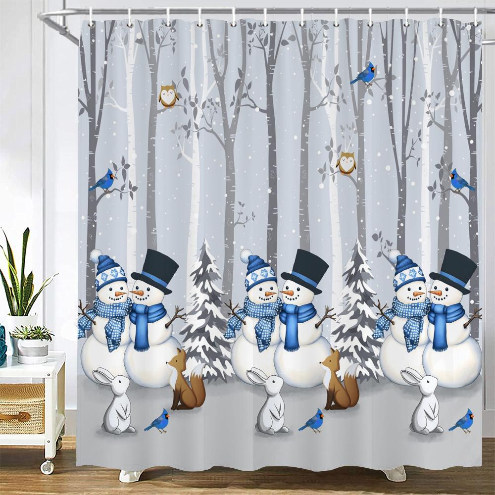 Cartoon Snowman Shower Curtain Bath Curtain Santa Claus Merry Christmas Printed Bathroom Curtains for Home Decoration Curtain
